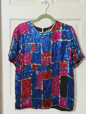 Vintage Geometric Sequined Short Sleeve Silk Top- Tan Chho L